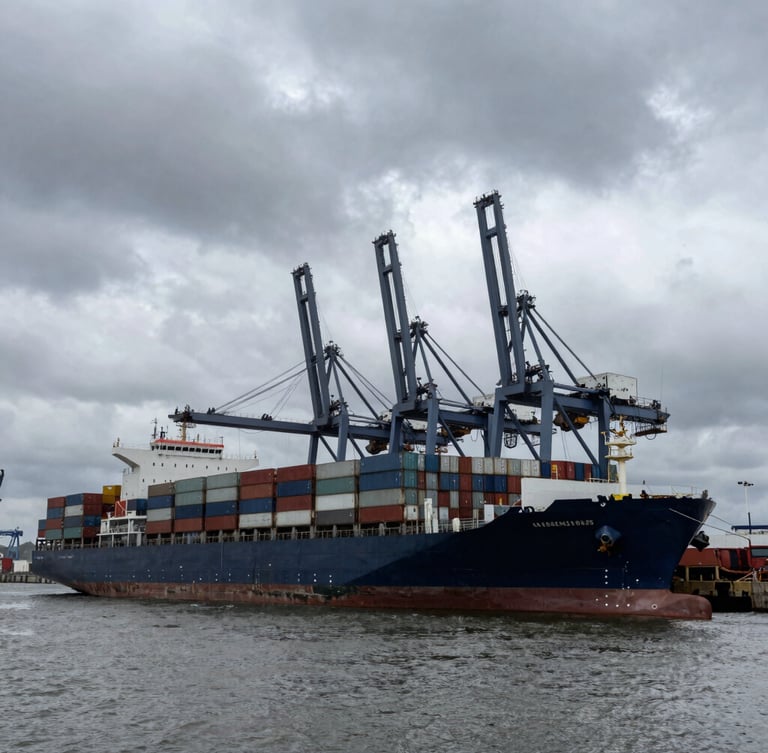 Wide-angle industrial harbor shot with a massive container ship docked, heavy crane silhouettes against dramatic overcast daylight, steel gray tones.