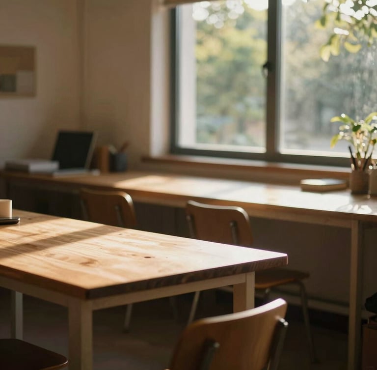 A sunlit, warm-toned creative workspace with wooden tables, soft shadows, and a large window showing green foliage outside, natural morning light.