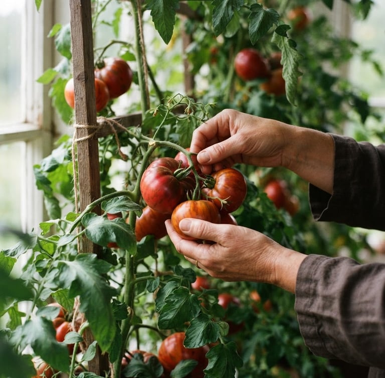 Close-up of hands gently harvesting vibrant heirloom tomatoes from a vine, soft natural window light, shallow depth of field. Cozy editorial photography.