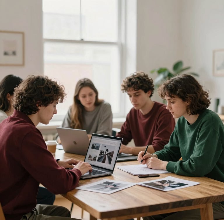 Team members gathered around a large wooden table in a bright, cozy studio, planning content and reviewing photos on a laptop, soft natural window light, shallow depth of field, Scandinavian style.