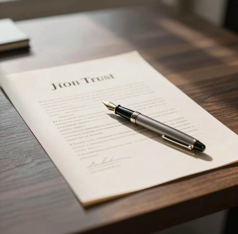 A professional closing table detail, a fountain pen resting on a clean deed of trust, soft morning light, architectural lines.