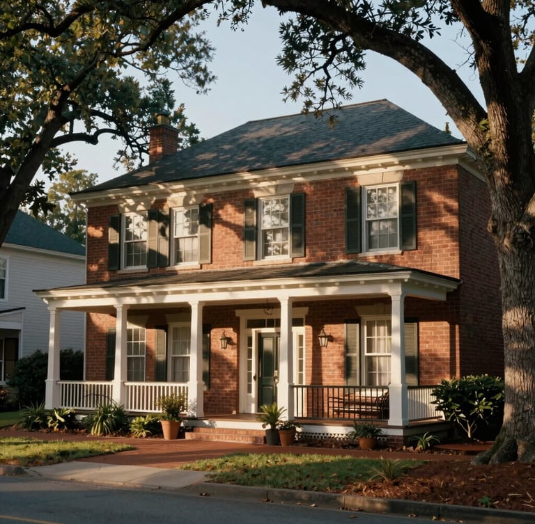 A classic brick residential porch in North Carolina, framed by mature oak trees, soft morning sunlight casting long shadows, architectural focus.