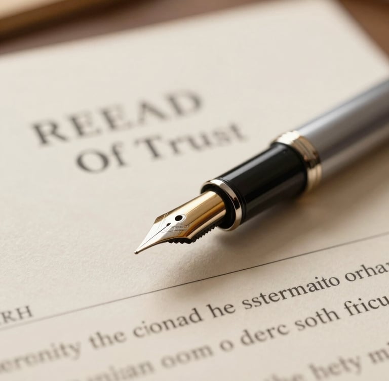 A luxury gold and silver fountain pen resting on a legal Deed of Trust document for estate planning.