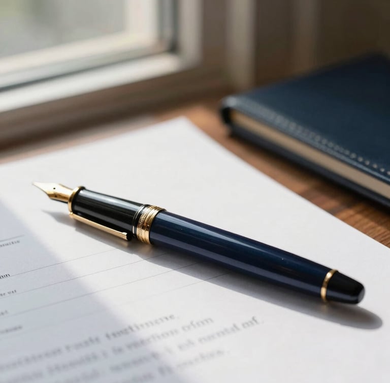 A close-up of a high-end fountain pen resting on a crisp legal document, warm natural light spilling from a window, soft gold and deep navy office accents, shallow depth of field, 35mm.