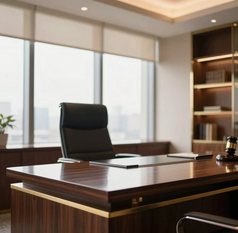 Warm editorial corporate photography of a modern high-end law office interior, soft window light reflecting on a polished dark wood desk, gold accents, shallow depth of field, 35mm