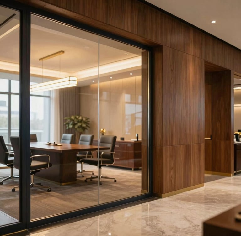 Refined modern law office interior with warm wooden panels, a glass wall showing a soft-focused meeting room, warm golden lighting, elegant and sophisticated atmosphere, 35mm.