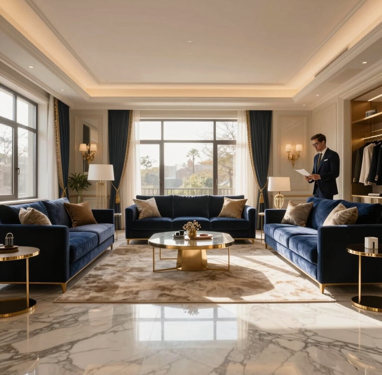 Wide architectural shot of a sun-drenched luxury living room with polished marble floors, a specialist in tailored attire working in the background under soft morning light.