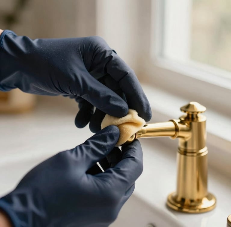 Macro photograph of a gloved hand gently polishing a solid brass kitchen fixture, soft morning light, shallow depth of field, warm gold accents.