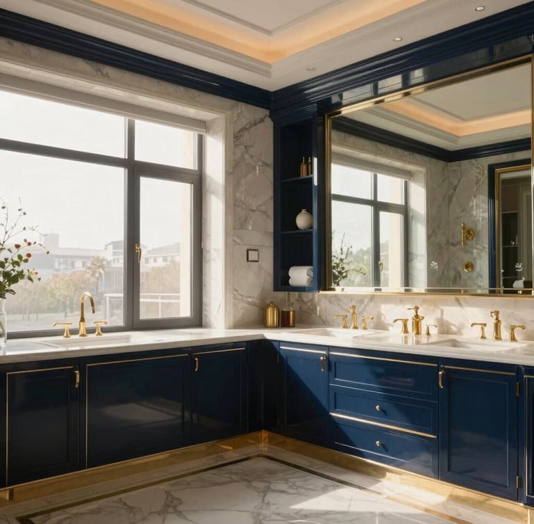 Wide architectural shot of a luxury master bathroom with custom cabinetry and flawless glass surfaces, soft natural morning light, 35mm lens
