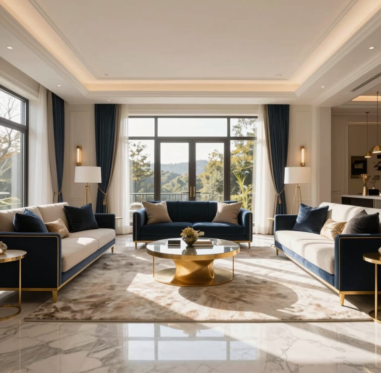 Symmetrical wide architectural shot of a sun-drenched luxury estate living room with polished marble floors, natural morning light, clean lines, elegant navy and gold accents