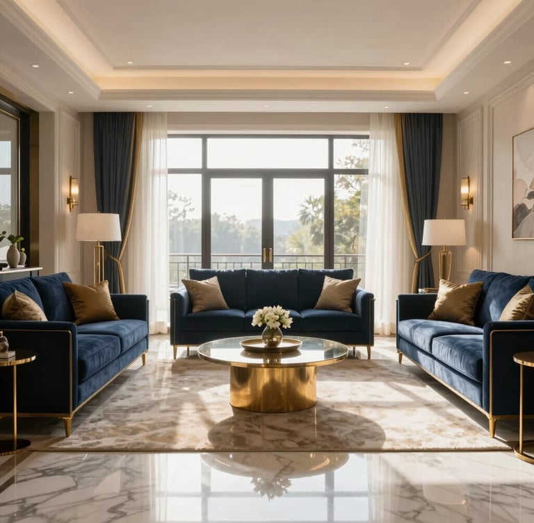 Symmetrical architectural wide shot of a sun-drenched luxury living room with polished marble floors and brass details, soft morning window light, high-end residential interior, 35mm lens