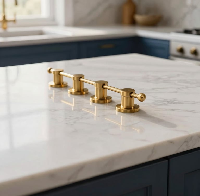 Close-up macro detail of a polished white marble kitchen countertop, warm morning light reflecting off brass fixtures, pristine and immaculate, 35mm lens