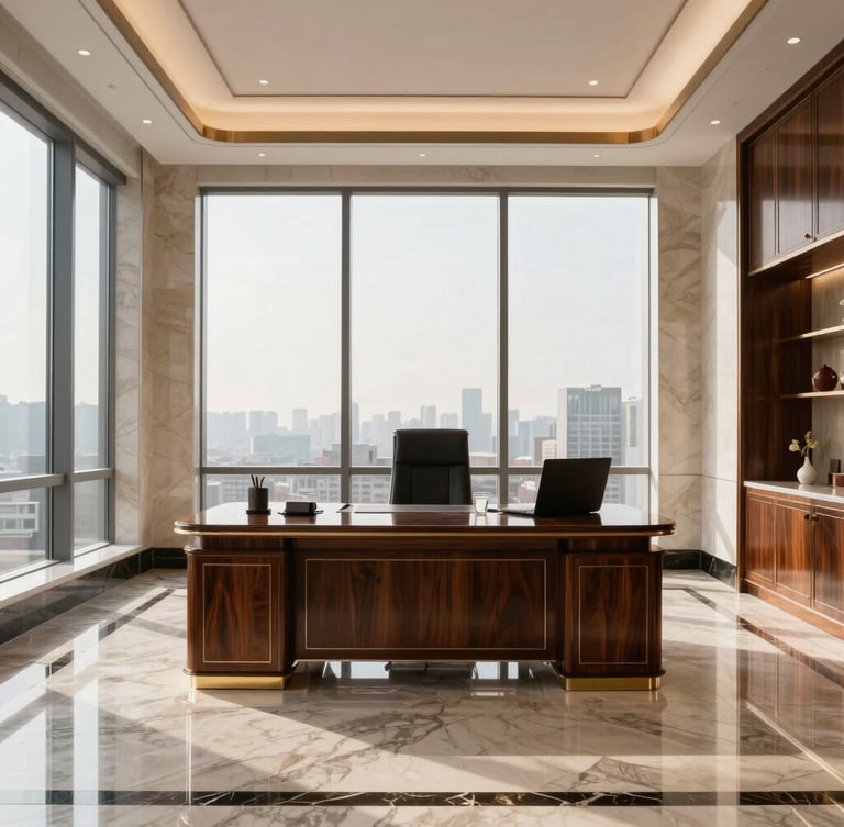 Symmetrical wide shot of a high-end modern executive office with polished wood and marble surfaces, soft morning window light reflecting off clean glass, immaculate details, warm editorial tone.