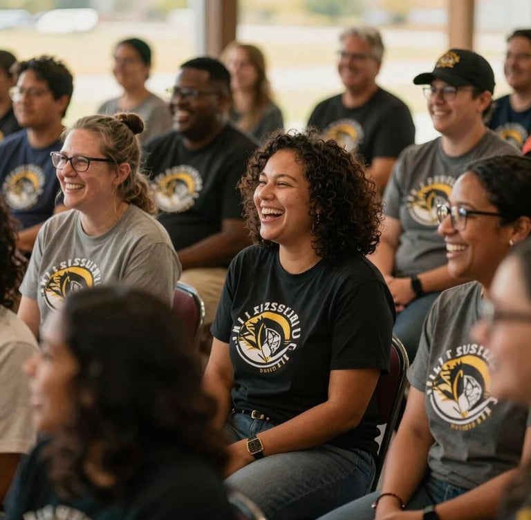 A warm, candid photograph of a diverse group of Missouri community members and volunteers laughing together at a local achievement celebration, soft natural daylight.