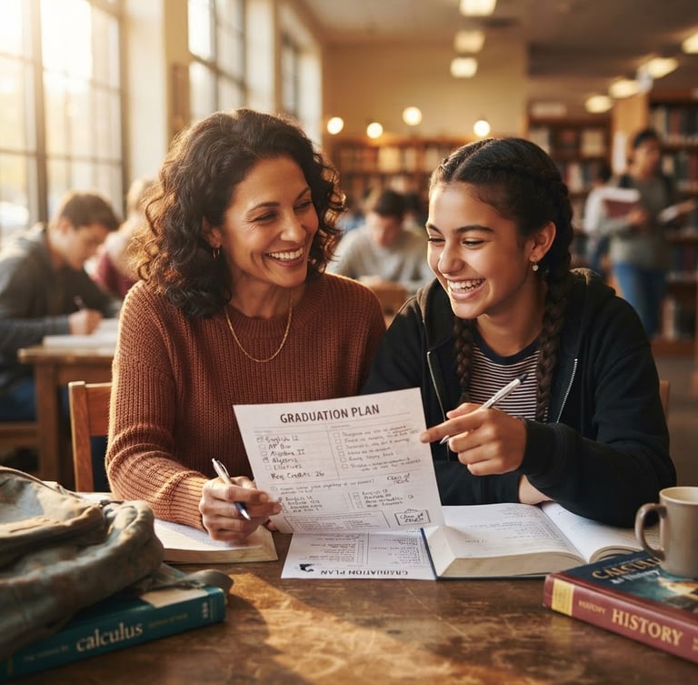 Candid medium-closeup of a smiling mentor and a high school student reviewing a graduation plan together in a sunlit library, warm golden-hour light, rich human tones.