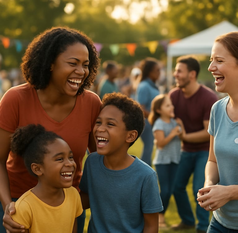 Families and volunteers participating in a lively outdoor community celebration event in a Missouri park, candid laughter, warm natural daylight.