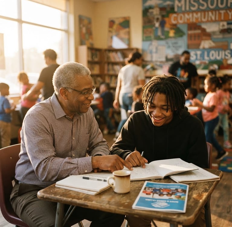 Warm editorial photography of a mentorship session between an older community leader and a smiling youth in a sunlit Missouri community center, soft golden-hour light