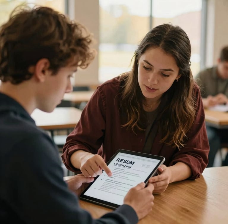 A warm candid photo of a career mentor guiding a young adult through a resume on a tablet, soft natural light, Missouri community center setting.