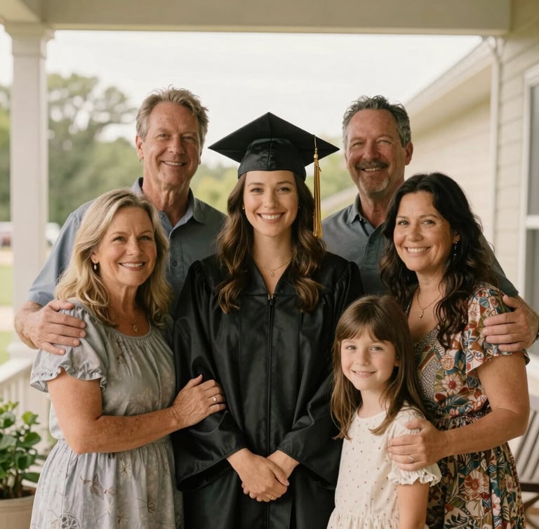 Warm editorial portrait of a Missouri family celebrating a graduation milestone on their front porch, soft diffused daylight, genuine smiles and proud embraces