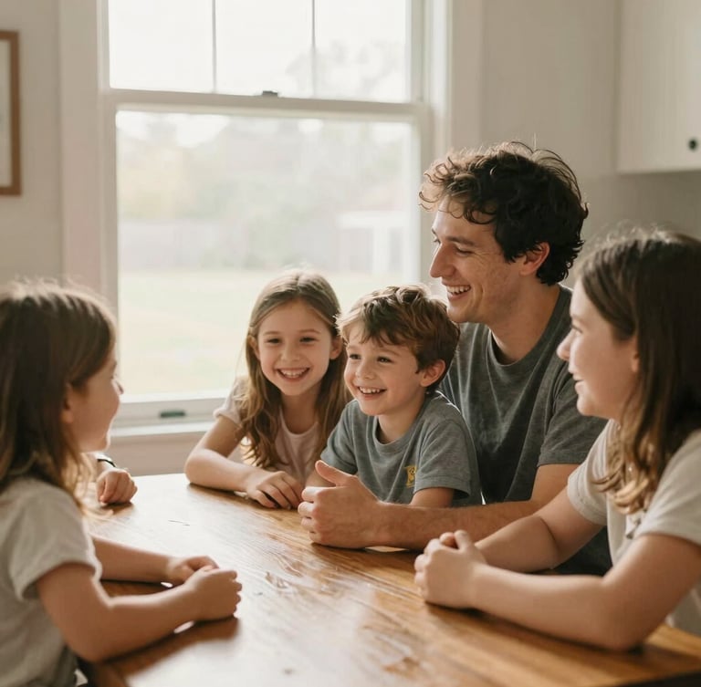 Candid medium closeup of a Missouri family sitting around a kitchen table laughing with a volunteer, soft natural daylight streaming through a window