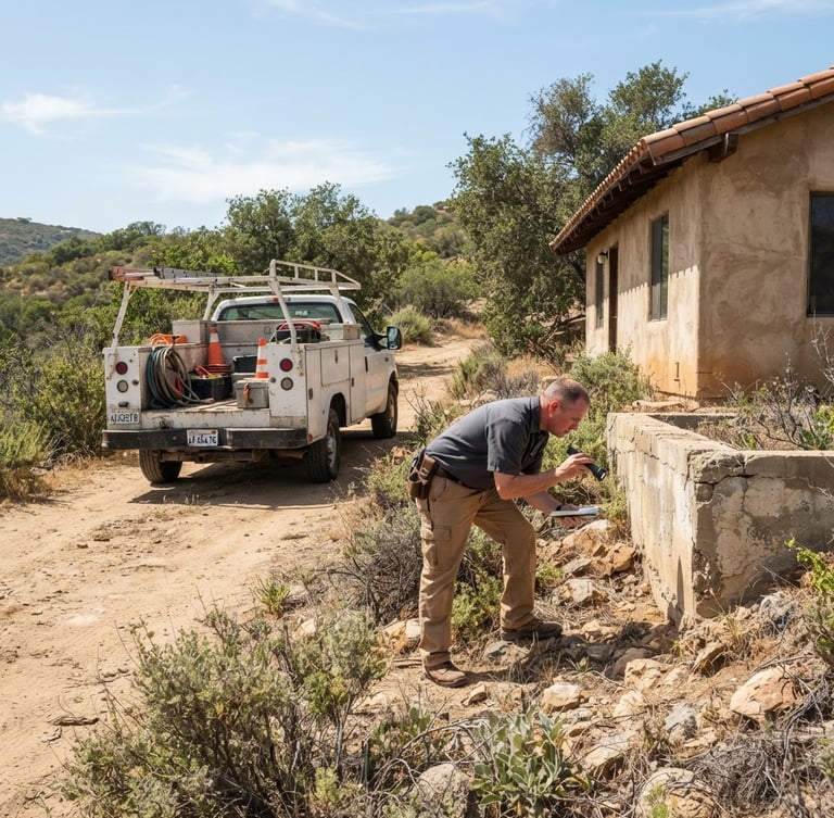 A rugged, professional A R Vertebrate INC service truck parked on a dirt road in North County, California, with a technician inspecting a foundation wall in bright California daylight. Wide environmental shot, natural earthy tones, sharp focus.