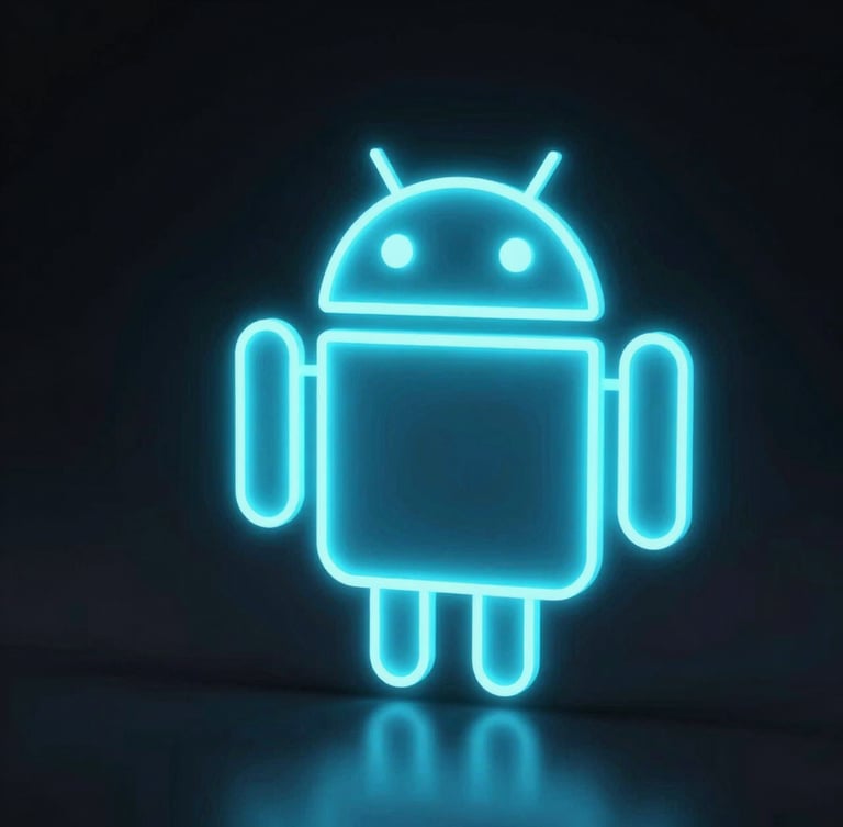 Sleek 3D digital render of a glowing Android UI wireframe, high-contrast neon backlighting, vibrant emissive cyan screen glow, dark futuristic aesthetic, macro depth of field