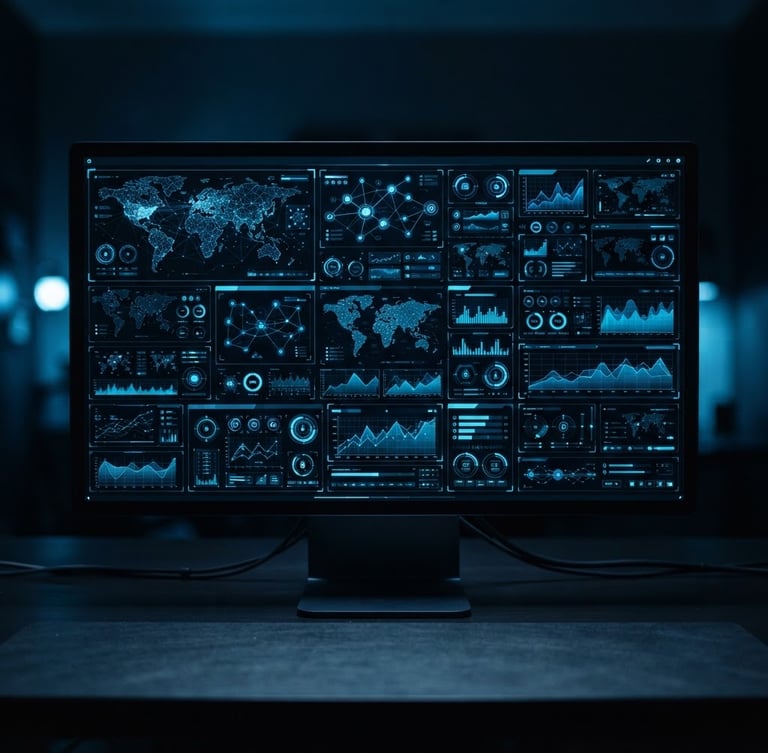 Sleek tech photography, straight-on view of a high-fidelity UI mockup on a dark display, cool electric blue backlighting, clean workspace, sharp focus, 35mm