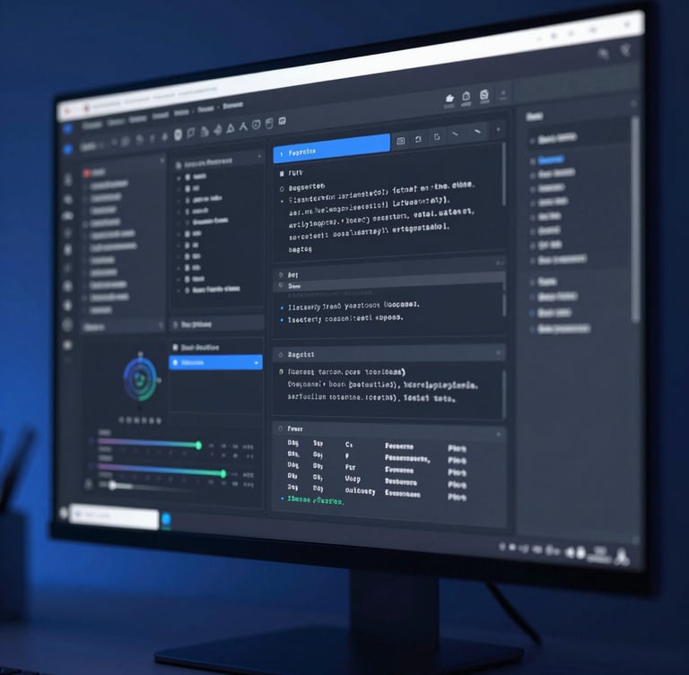 Sleek tech photography of a clean developer workspace with a high-fidelity UI/UX wireframe on a screen, cool blue studio lighting, macro details.