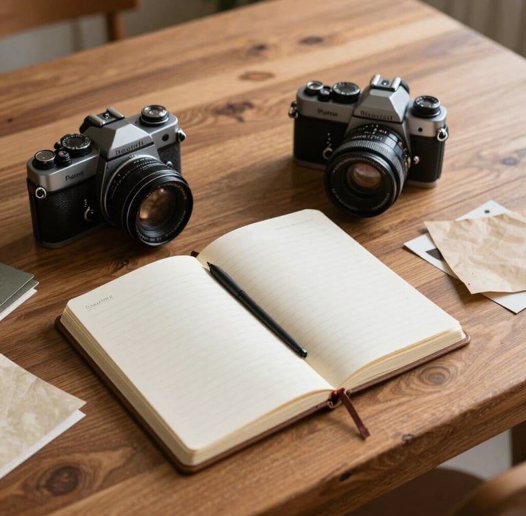 Plano medio de una mesa de madera de estilo escandinavo con libretas de notas hechas a mano, una cámara analógica de medio formato y muestras de papel texturizado bajo luz natural lateral.