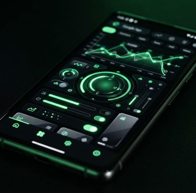 Macro close-up of a high-fidelity Android application UI on a modern device screen, sharp OLED pixels, vibrant green accent glow, dark ambient studio background, 35mm