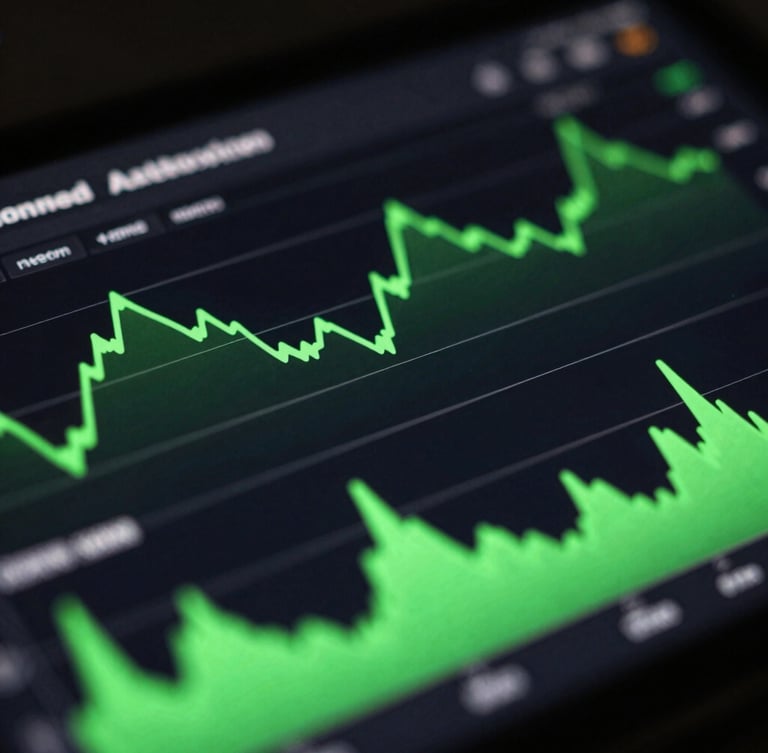 Macro shot of a high-fidelity Android UI screen displaying performance profiling graphs, sharp green line charts glowing in a dark ambient studio, shallow depth of field, 35mm