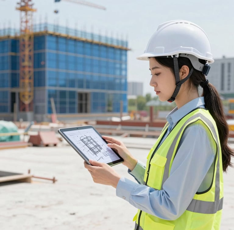 A young female professional in a white hardhat and safety vest, looking at a tablet showing a 3D structural blueprint on a clean, modern sustainable construction site, bright daylight, shallow depth of field