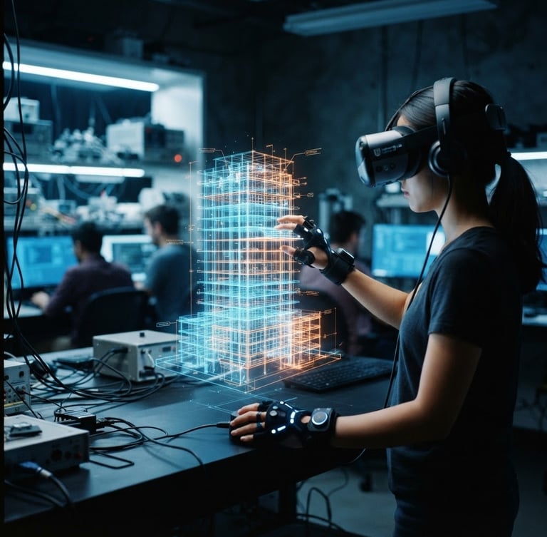 First-person perspective of a civil engineering student wearing VR goggles, interacting with a glowing 3D holographic building model in a high-tech laboratory, cool blue LED lighting, modern editorial style, 35mm
