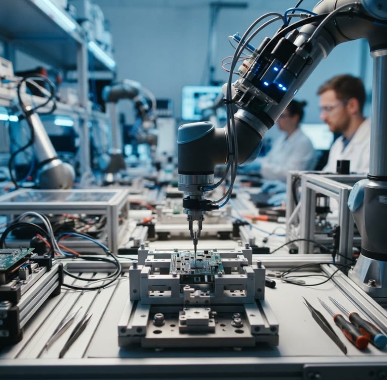 First-person perspective of a robotic arm assembly line in a high-tech lab, cool blue LED lighting, shallow depth of field, 35mm