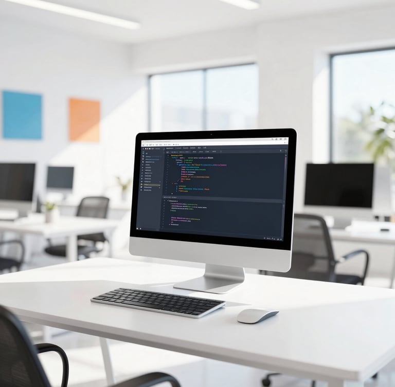 Bright high-key photography of a modern sunlit architectural workspace in Tampa, clean white desk with a high-resolution screen showing clean code, natural daylight, 35mm