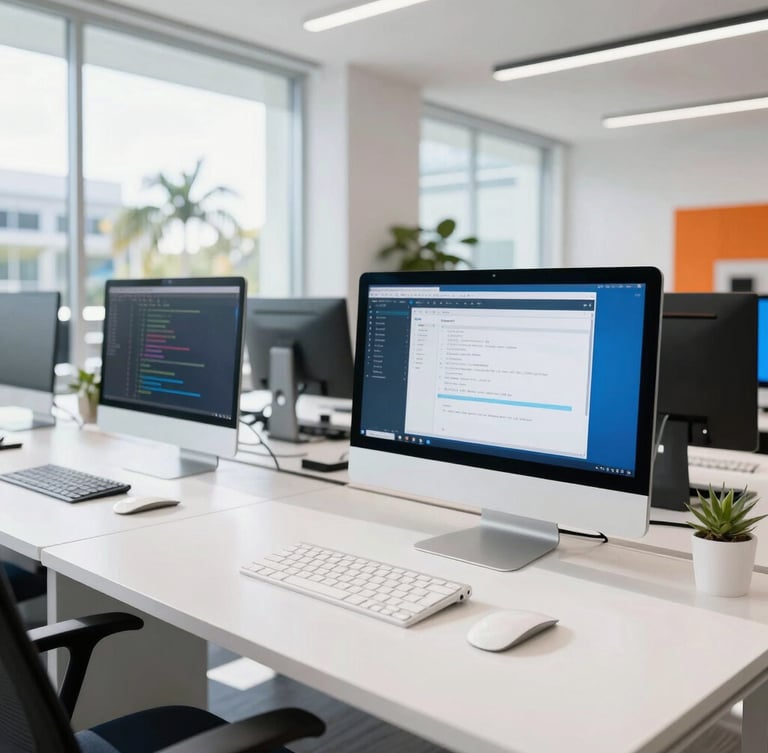 Bright sunlit modern architectural workspace in Tampa, clean white desk with high-resolution screens displaying clean code, crisp natural daylight, vibrant blue accents, 35mm