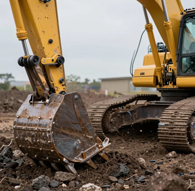 Close-up of a heavy yellow excavator bucket teeth biting into dark rocky earth, high-contrast daylight