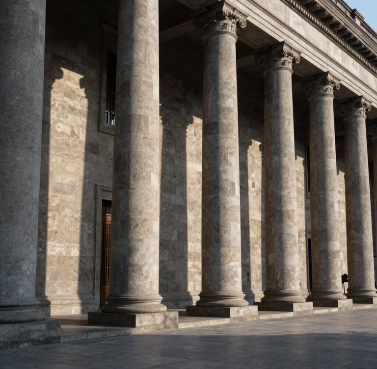 Architectural detail of the Supreme Court of Justice of Mexico, majestic stone columns, dramatic afternoon shadows, wide angle.