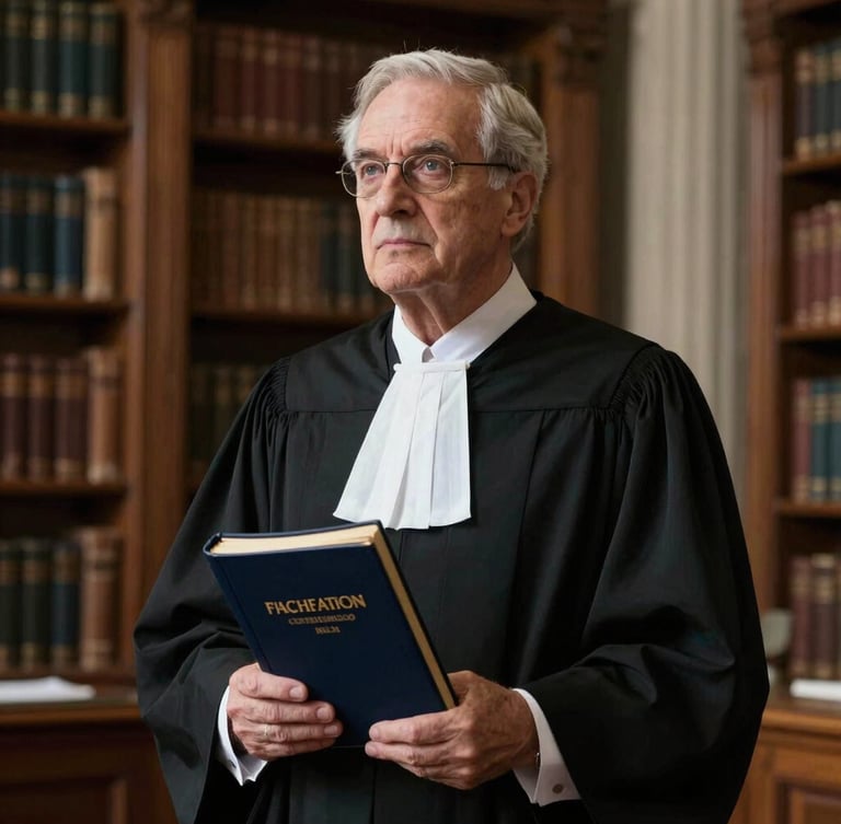 Dignified portrait of a senior legal scholar in academic robes holding a legal manuscript, dramatic side lighting, classical library background.