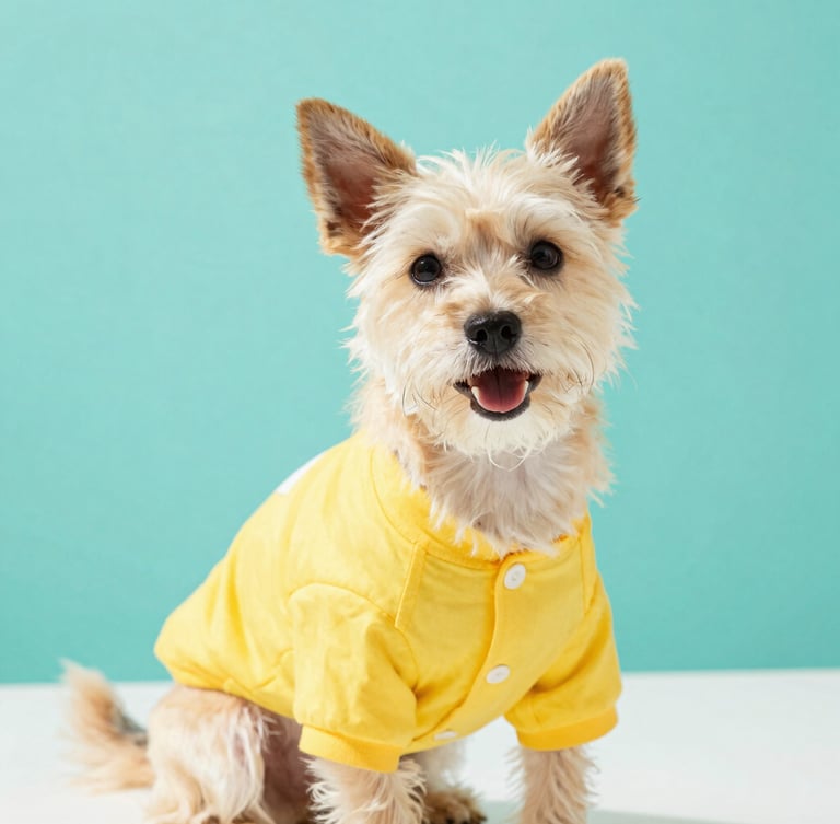 Bright high-key pet photography of a happy small dog wearing a colorful custom-made yellow shirt, soft natural daylight, vibrant teal background, eye-level medium shot, shallow depth of field, 35mm
