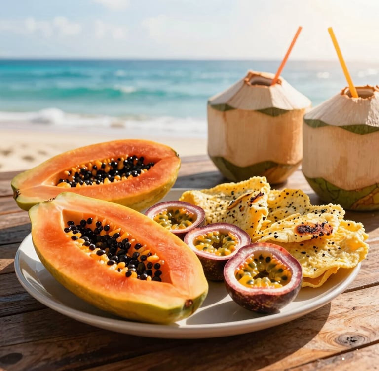 A vibrant tropical breakfast spread on a rustic wooden table, featuring fresh sliced papaya, passionfruit, Sri Lankan egg hoppers, and fresh king coconuts, warm morning sunlight.