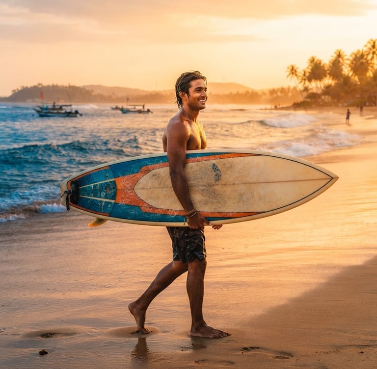 A sun-drenched portrait of a surfer carrying a surfboard on Weligama beach, golden hour tropical light, vibrant orange tones, warm editorial style.