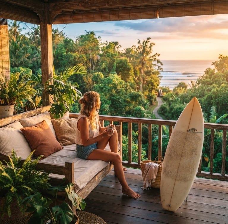 Warm editorial surf photography of a bright and airy private room veranda overlooking tropical greenery, golden-hour tropical light, vibrant orange tones, shallow depth of field.