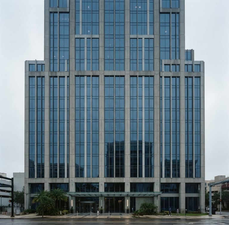 Wide architectural photography of a modern financial building facade in downtown Tampa, overcast morning light, muted desaturated blue and concrete tones, sharp focus, 35mm lens, minimalist composition, reflecting subtle light and clean lines, sense of quiet strength.