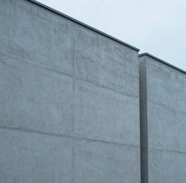 Minimalist architectural detail of a modern concrete facade with clean geometric lines, cast in overcast morning light with desaturated blue tones, 35mm lens.