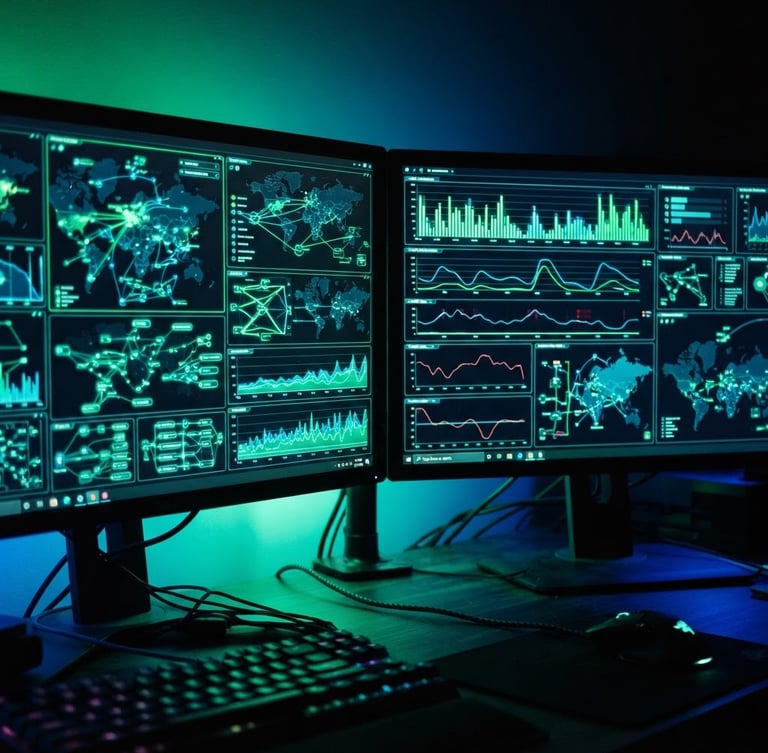 Macro shot of a glowing dual-monitor setup showing real-time traffic statistics, neon green and electric cyan backlighting, high contrast cyber-tech feel, 35mm