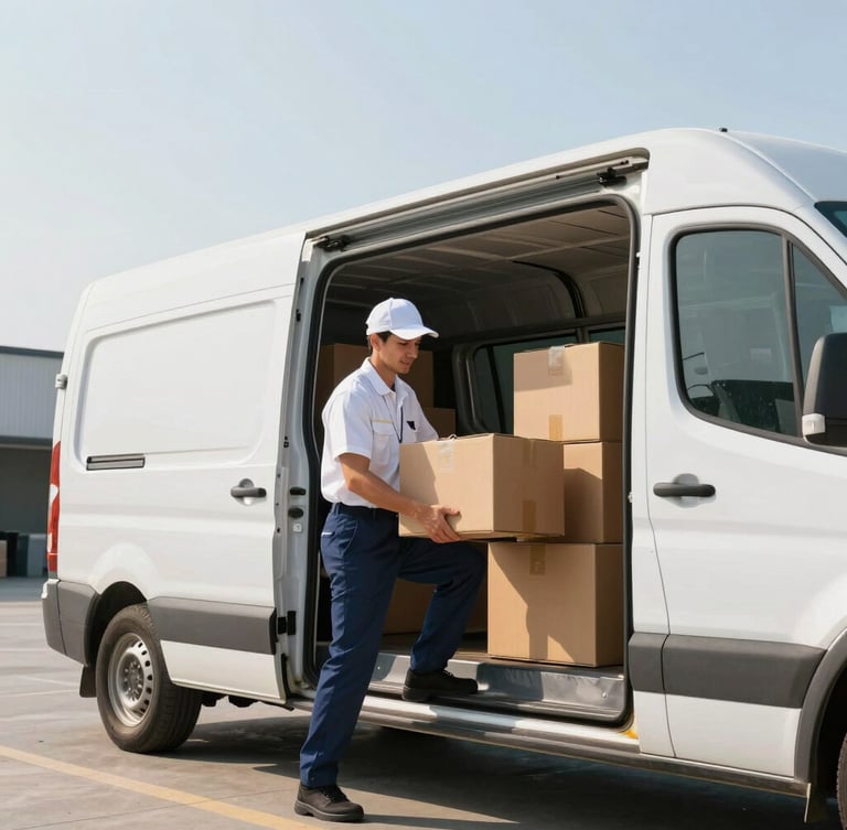 A professional driver in a clean uniform loading structured cardboard boxes into a modern commercial transport van, bright daylight