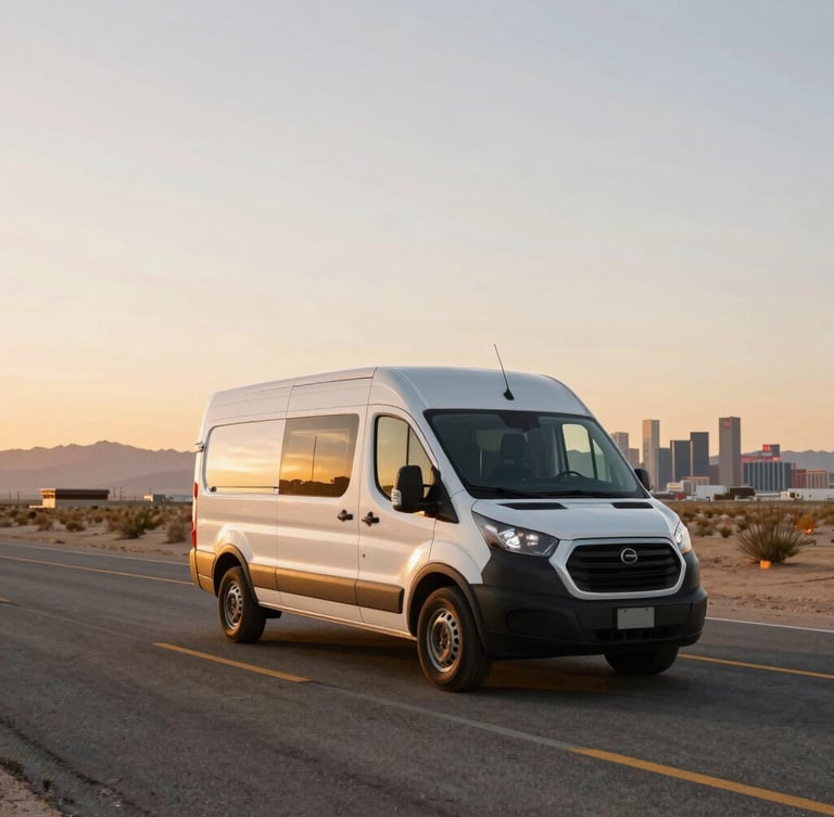 Wide-angle commercial transport van driving on a clean desert highway with the Las Vegas skyline visible in the background at golden hour, warm sunset lighting, professional logistics aesthetic.
