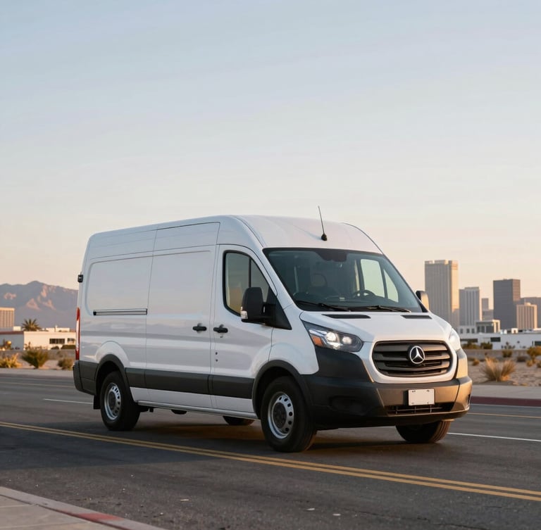 A modern commercial transport van driving on clean asphalt with the Las Vegas skyline visible in the background, golden hour daylight, sharp commercial photography.