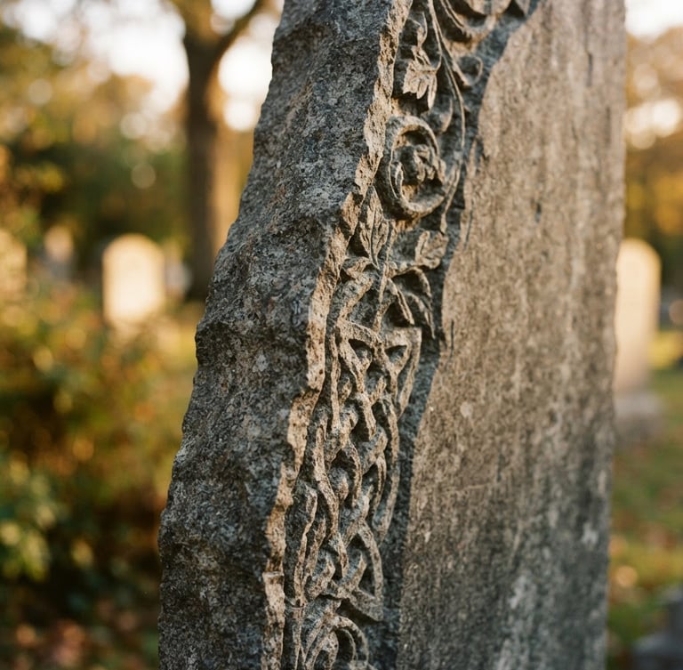 Close-up of a premium gray granite monument edge, deep hand-carved details, soft golden-hour sunlight highlighting the stone texture, shallow depth of field
